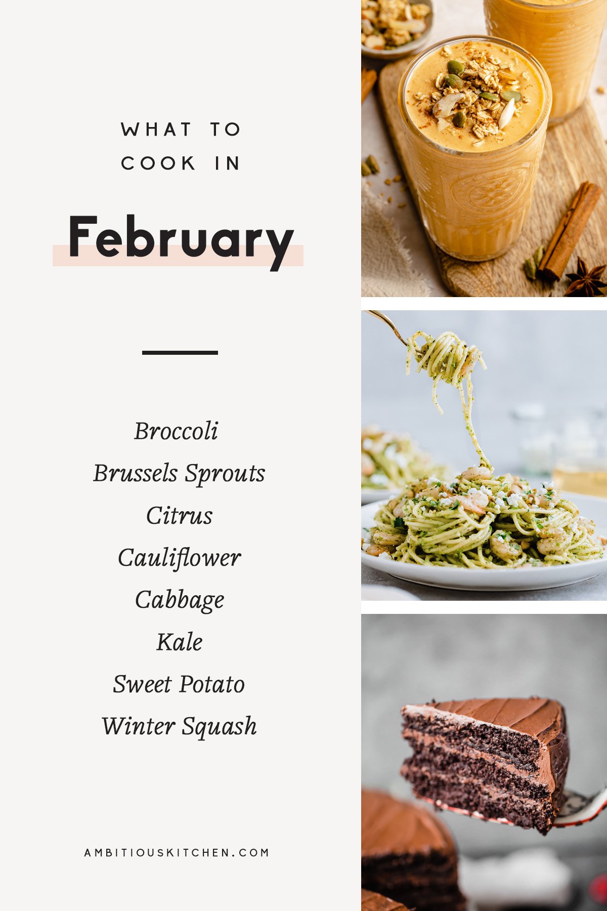 28 ¡Las mejores recetas saludables de temporada! Todos los días de este mes, nuevas recetas celebran los productos de temporada como la calabaza de invierno, los cítricos, el brócoli, las batatas y más. Encontrarás desayunos dulces y salados, deliciosos almuerzos y cenas, y mucho chocolate justo a tiempo para el día de San Valentín. Collage de recetas para cocinar en febrero con superposición de texto