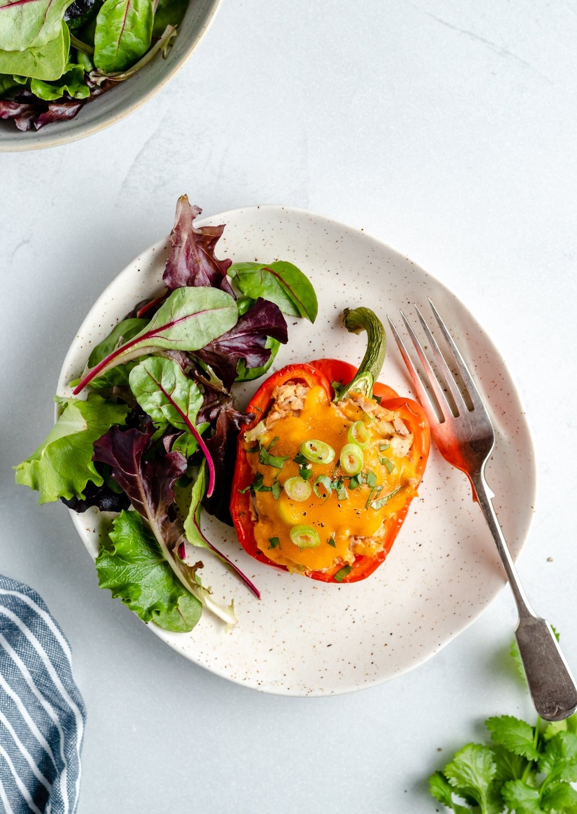 ¡Delicioso chile relleno de atún bajo en carbohidratos mezclado con verduras, yogur griego y salsa de búfalo y cubierto con una capa de queso derretido! Estos sencillos pimientos rellenos de atún son el almuerzo perfecto para combinar con tu guarnición favorita o incluso con un refrigerio rico en proteínas para después del ejercicio. Pimientos rellenos de atún bajos en carbohidratos en un plato con ensalada
