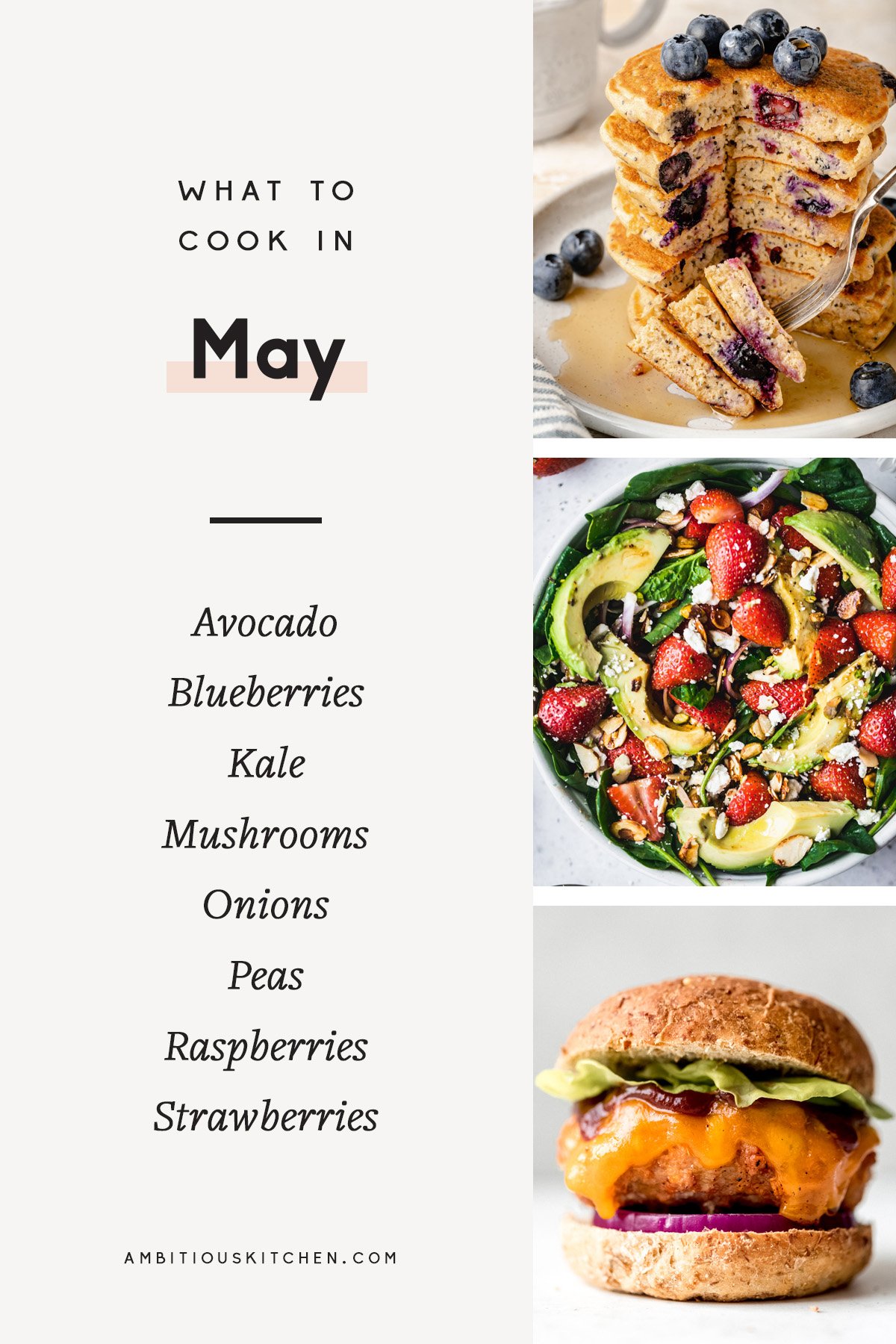 ¡Increíbles recetas de temporada para cocinar en mayo! Estas vibrantes y saludables recetas de primavera celebran los productos de primavera como los aguacates, las bayas y las verduras, y son coloridas y deliciosas. Encontrará de todo, desde ensaladas de temporada y recetas frescas para la cena hasta deliciosos postres para cualquier ocasión. Collage de recetas para cocinar en mayo con superposición de texto