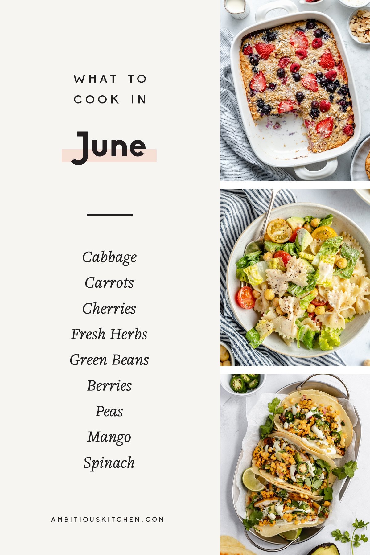 ¡Recetas frescas de temporada para cocinar en junio! Celebre el comienzo de los productos del verano con toneladas de deliciosas ensaladas, recetas a la parrilla y muchos refrigerios. ¡Estas recetas de temporada son perfectas para picnics, comidas compartidas y barbacoas en el patio trasero! Collage de recetas y productos de temporada para cocinar en junio
