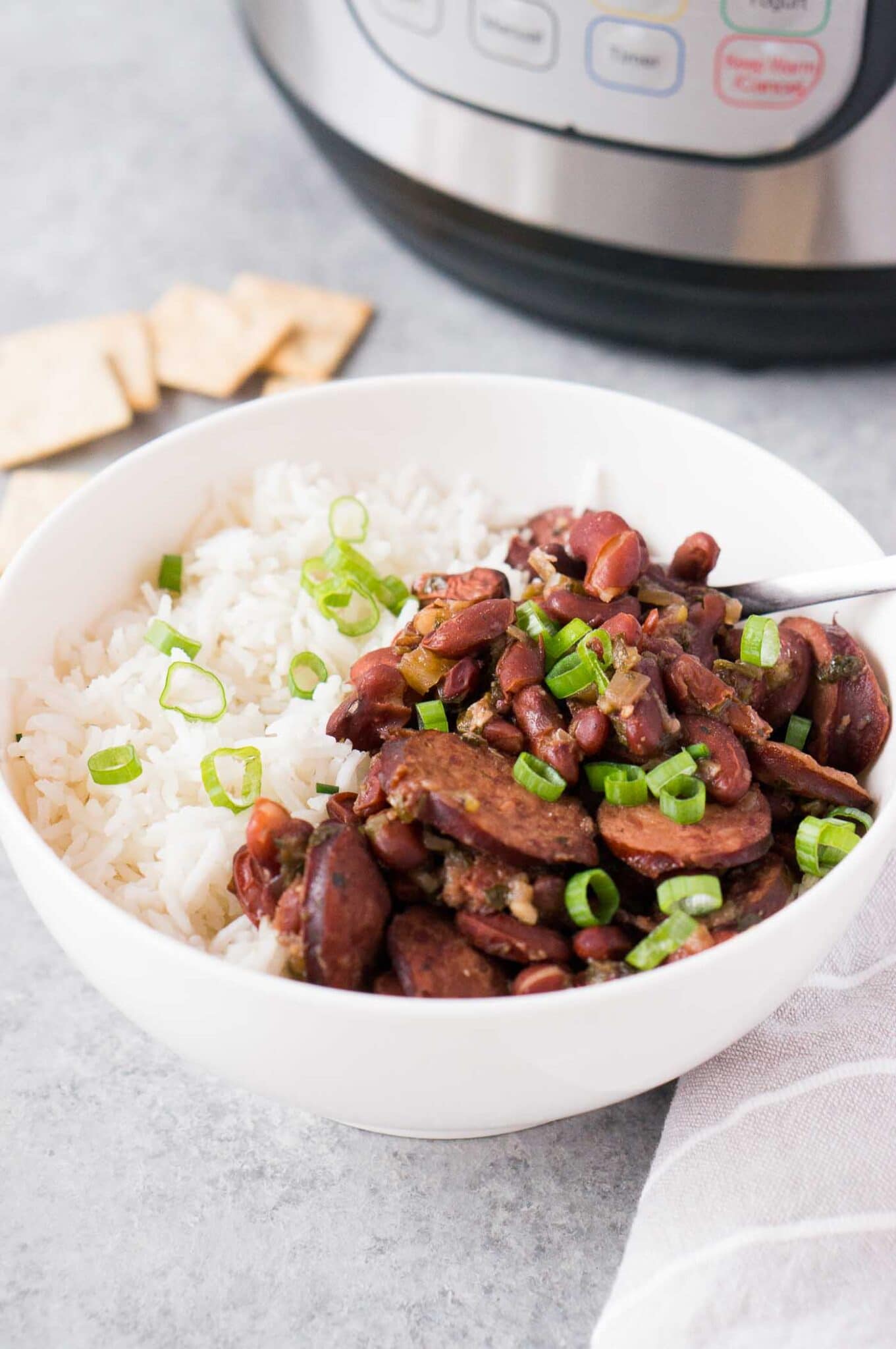 red beans and rice with sausage in a bowl