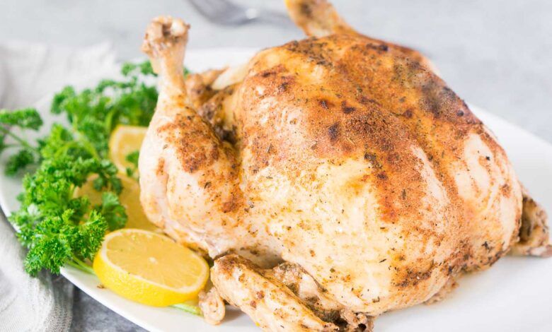 pressure cooked whole chicken on a platter