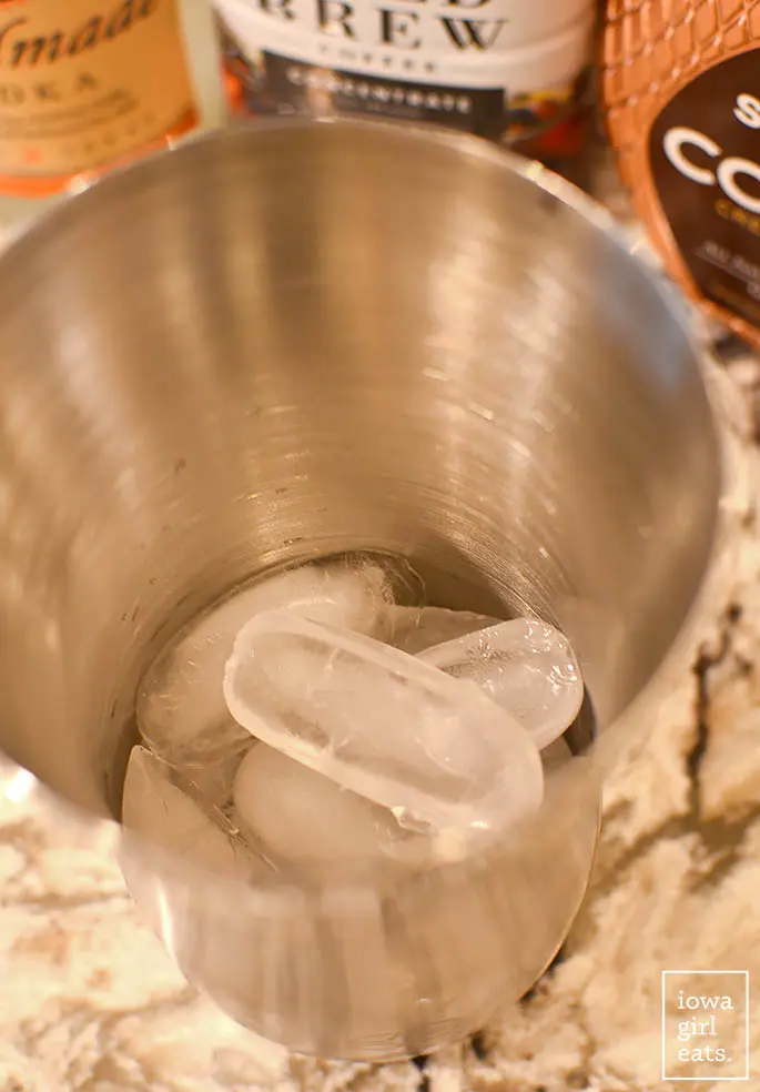 Cubitos de hielo en una coctelera