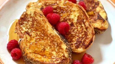The Best Vegan French Toast with no eggs, with raspberries and French bread