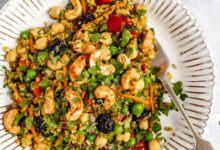 vibrant curry chickpea quinoa salad on a plate