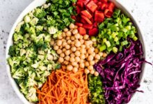 chopped thai broccoli salad ingredients in a bowl