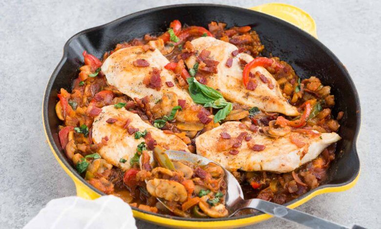 Italian chicken and vegetables in a large skillet