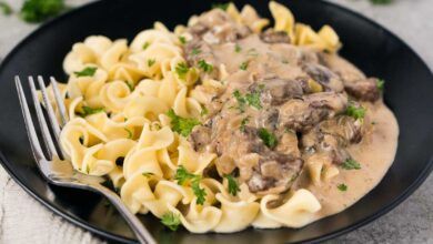 mushrooms and beef stroganoff over noodles