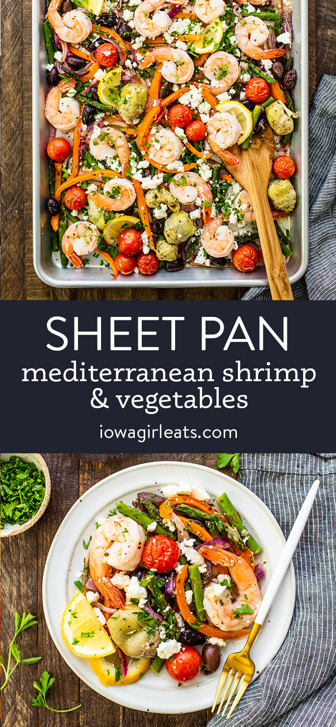 Collage de fotos de gambas mediterráneas y verduras en una sartén
