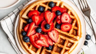 classic buttermilk waffle topped with berries