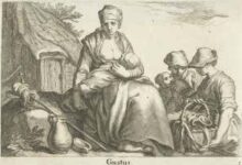 La esposa de un granjero amamanta a su bebé mientras otras dos mujeres beben agua de una jarra. De la serie Five Senses de Fredrick Bloemaert, llamada así por Abraham Blomaert, 1632-1670. Crédito: F. Bloemaert/A. Bloemaert/N. Visscherimage/Museo Rijks/Dominio público