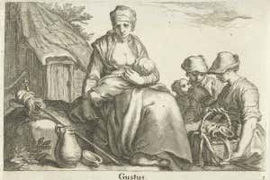 La esposa de un granjero amamanta a su bebé mientras otras dos mujeres beben agua de una jarra. De la serie Five Senses de Fredrick Bloemaert, llamada así por Abraham Blomaert, 1632-1670. Crédito: F. Bloemaert/A. Bloemaert/N. Visscherimage/Museo Rijks/Dominio público