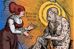 G15D0M Representación alegórica del demonio de la peste, de Feldtbuch der Wundarzney de H. von Gersdorf, impreso por Johann Schott, Estrasburgo, 1540.La peste negra (1340-1400) fue una de las epidemias más devastadoras de la historia de la humanidad, lo que llevó al alemán