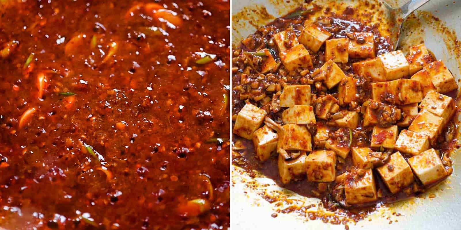 Hacer salsa de mapo tofu y mezclarla con tofu y champiñones