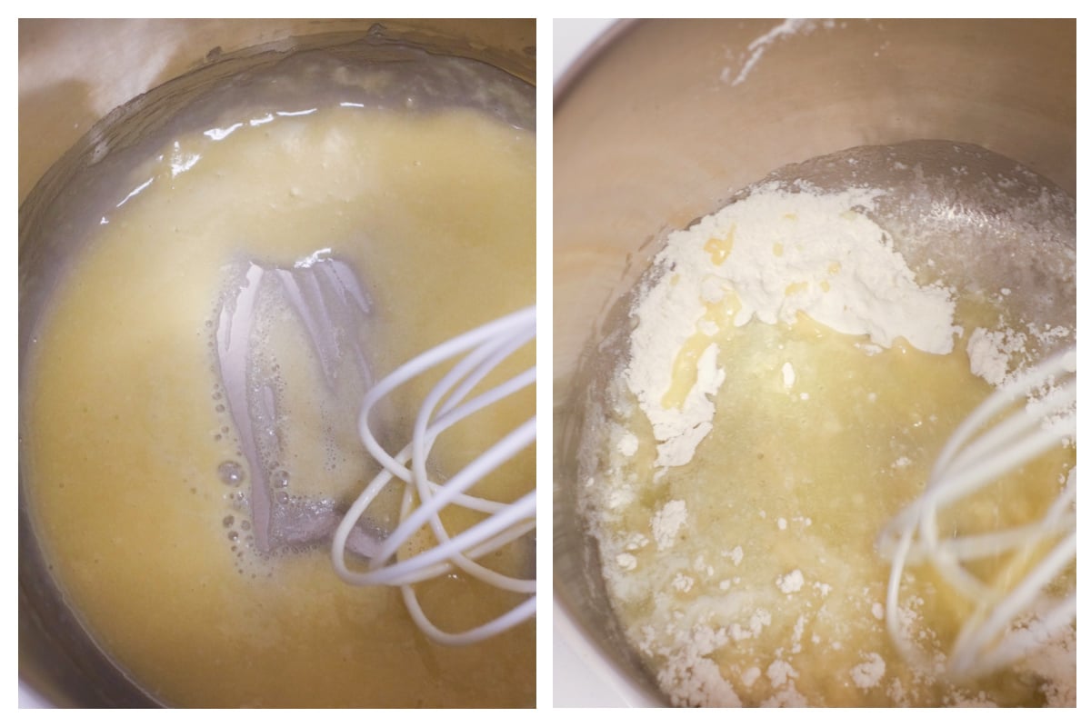 Toma artesanal de hacer roux: la mantequilla se derrite en una sartén y la harina se mezcla