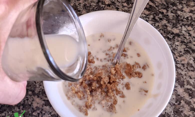 homemade oats and honey breakfast cereal in white bowl with milk