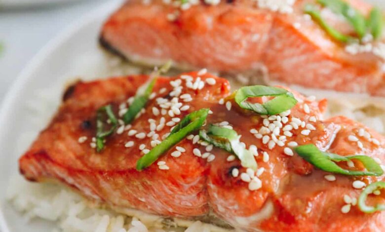miso salmon recipe on a bed of rice.