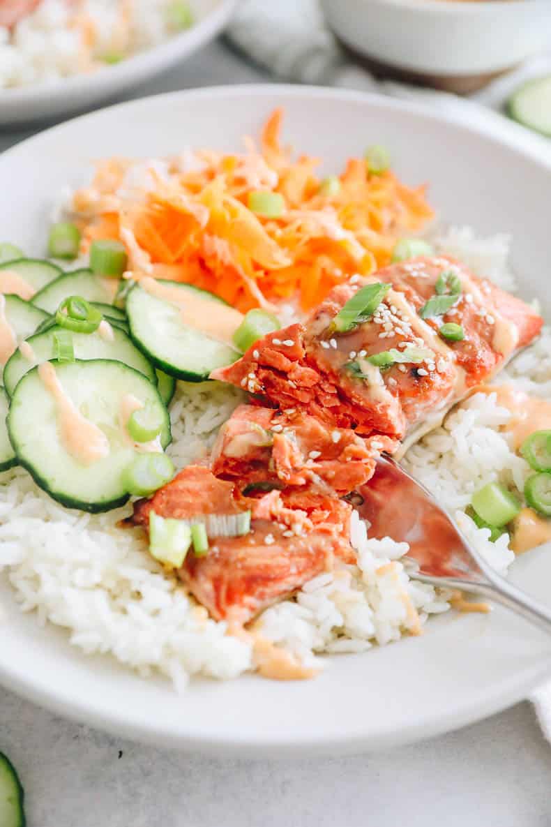 cierre la receta del tazón de salmón con salmón cocido, pepinos en rodajas, zanahorias ralladas y cebollas verdes.