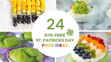 4 quadrant recipe with a title 24 Dye Free St Patricks Day Food Ideas