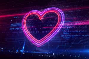 2E1DWA2 Símbolo de amor al corazón, salud, romance cibernético, inteligencia artificial y concepto cardiovascular.  Ilustración de renderizado 3d abstracto futurista.